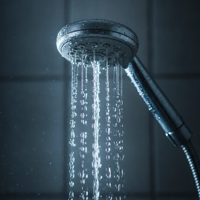 Pommeau de douche chromé d'où jaillit un jet d'eau froide dans une ambiance tamisée bleutée