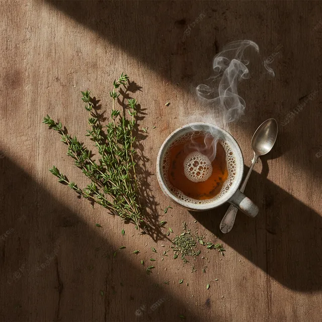 Branches de thym frais et tasse d'infusion de thym fumante sur une table en bois, avec du thym séché épars