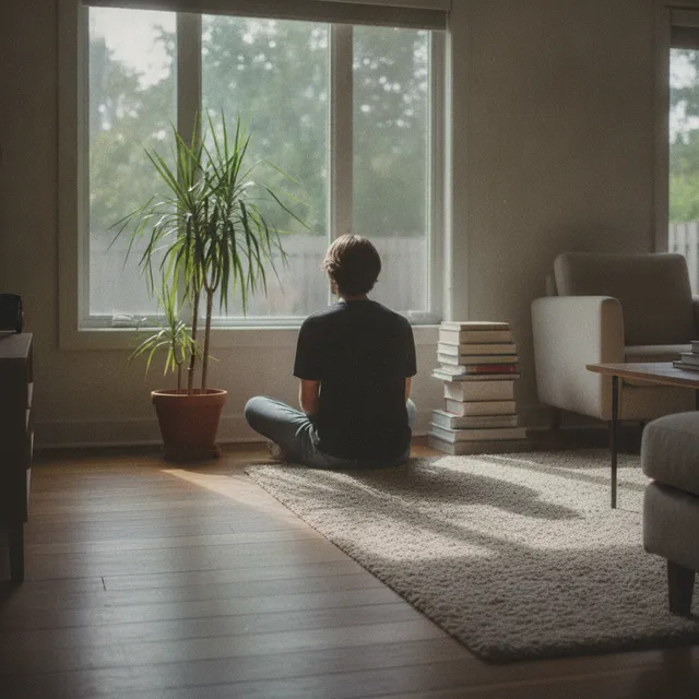 Une personne assise en tailleur au sol, vue de dos, méditant près d'une fenêtre dans un salon baigné de lumière du matin