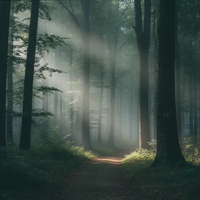 Sous-bois brumeux au petit matin, sentier de terre entre de grands arbres, rayons de lumière traversant la brume
