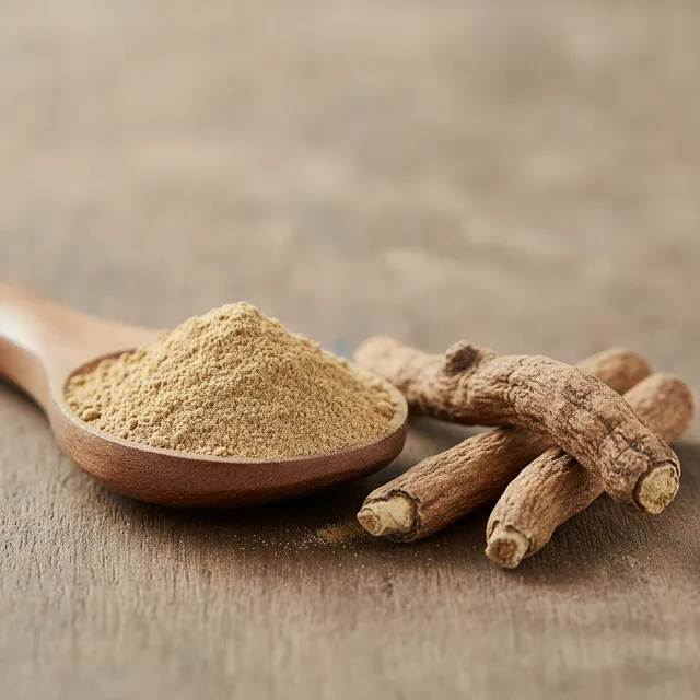 Cuillère en bois remplie de poudre d'ashwagandha avec des racines séchées posées à côté sur une table en bois