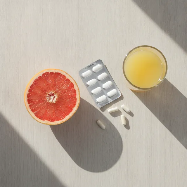 Un demi-pamplemousse rose, une plaquette de comprimés blancs, des gélules et un verre de jus posés sur une table en bois